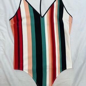 Express Striped V-Neck Bodysuit in Teal, Red, Black, Peach & White M